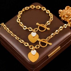Gold Plated Stainless Steel Heart Pendant Necklace & Bracelet Set – 2pc